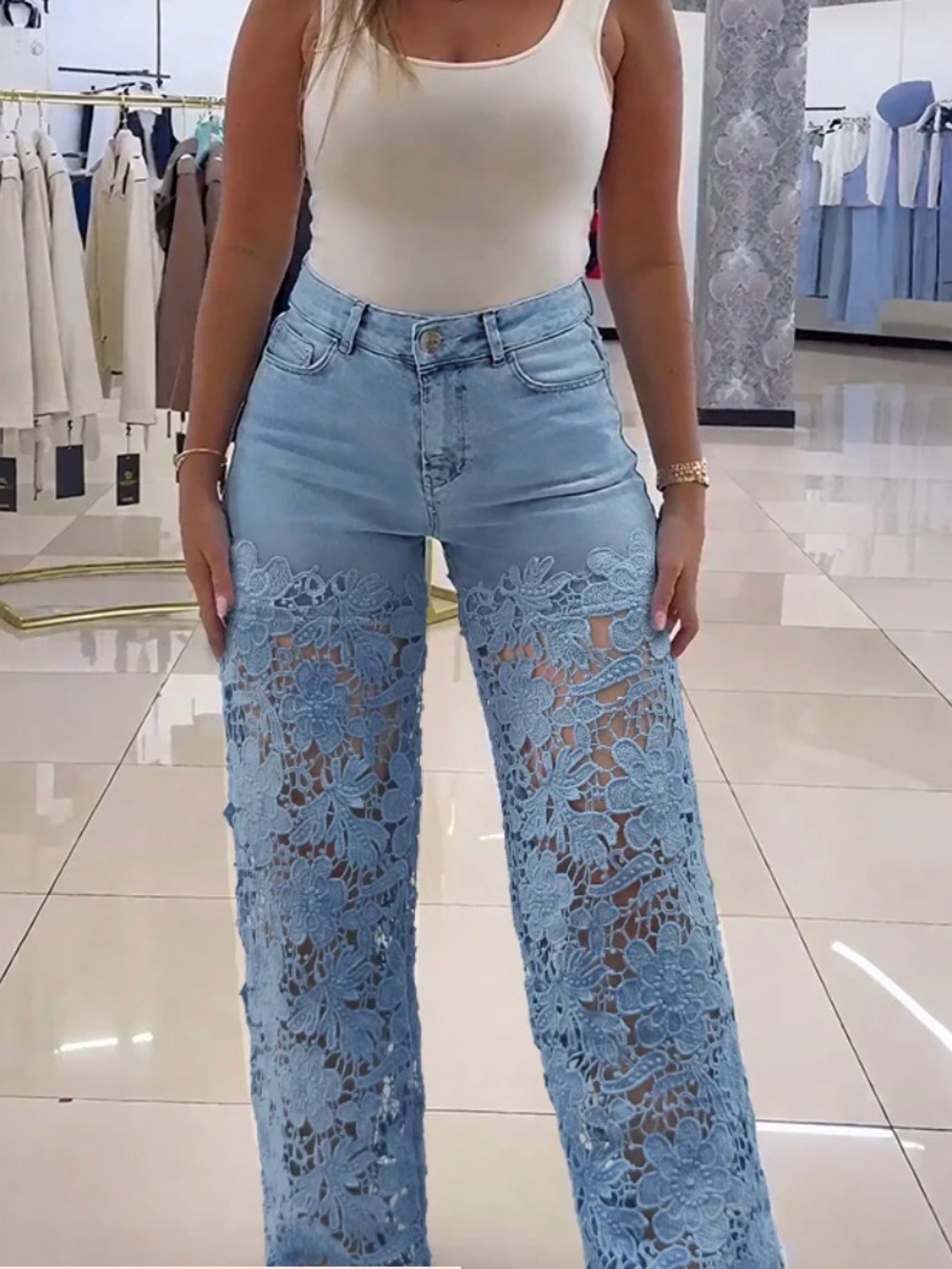 Light Blue Lace-Panel Wide Leg Jeans